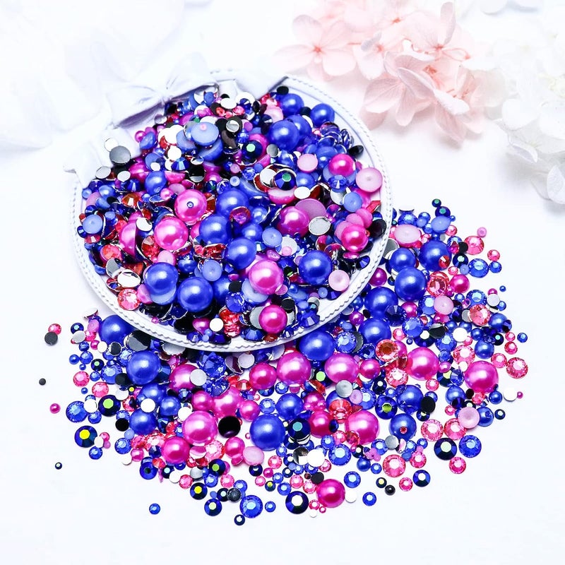 Towenm 60g Flatback Pearls and Rhinestone, 2mm-10mm Mixed Rhinestones and Pearls for Crafts Tumblers Shoes Nails Face Art, with Picker Pen, Blue|Rose|Hot Pink - Image 3